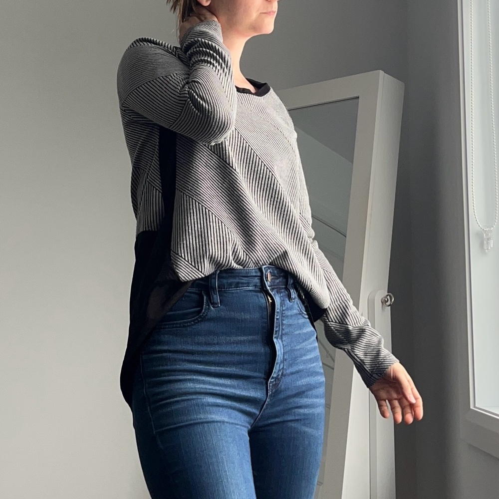 🇨🇦 Stripe long sleeve tee with vegan-leather shoulder inserts & silk-like bottom
